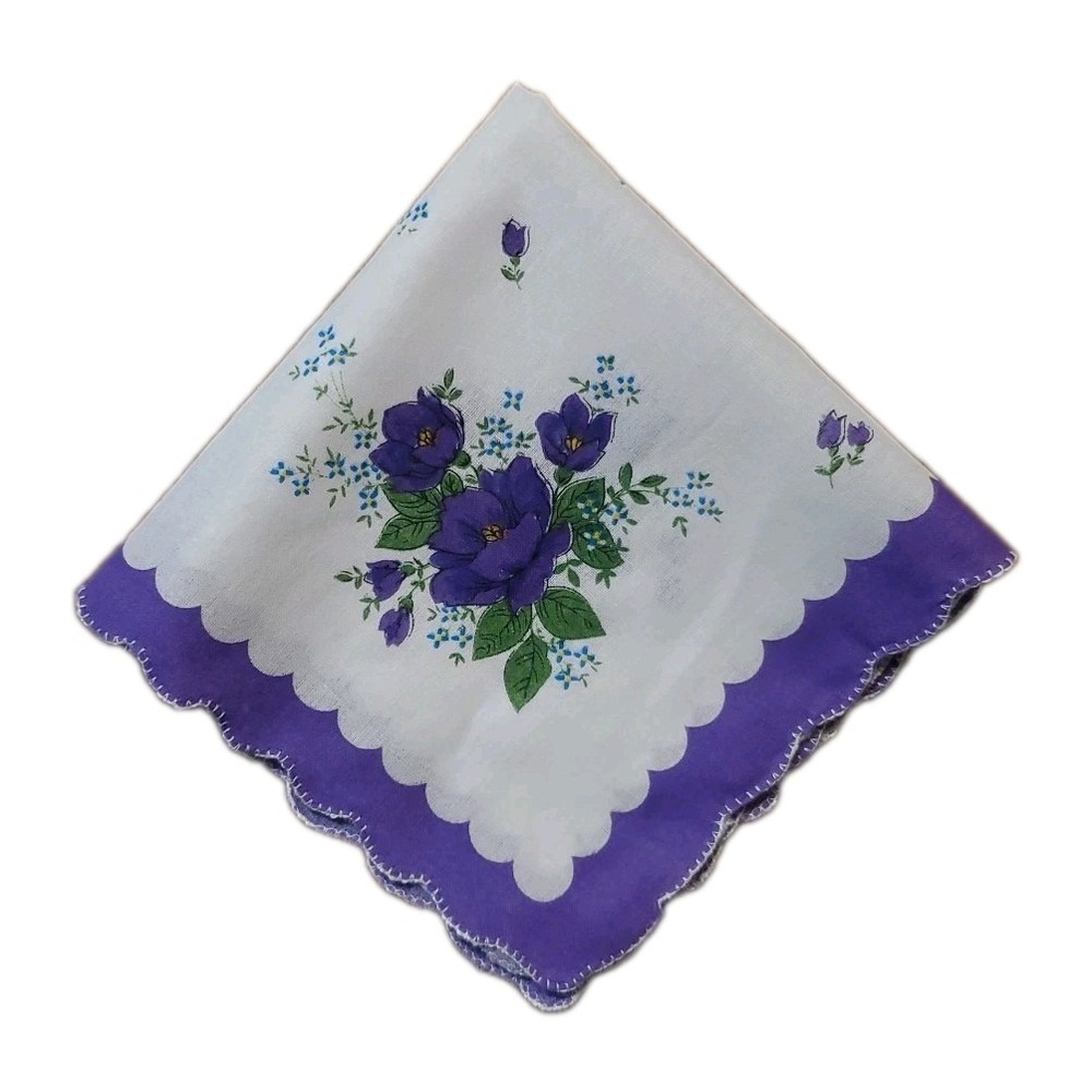 Linen Purple Poppies Floral Handkerchief Scalloped Cottage Core Bridesmaid